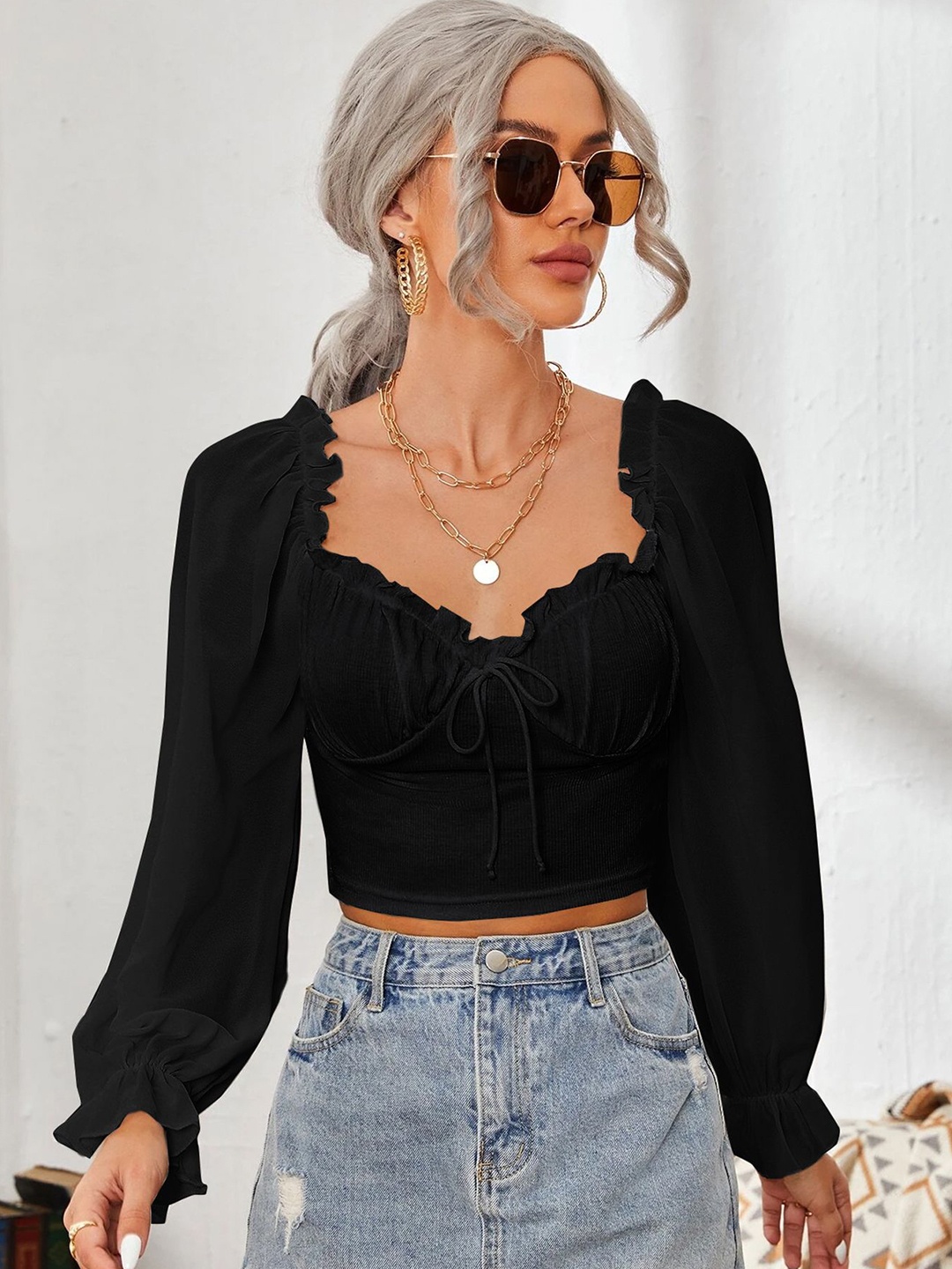 

StyleCast x Revolte Sweetheart Neck Puff Sleeve Tie-Ups Blouson Crop Top, Black