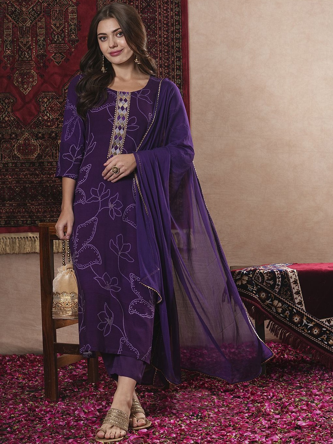 

GoSriKi Floral Printed Gotta Patti Straight Kurta with Trousers & Dupatta, Purple