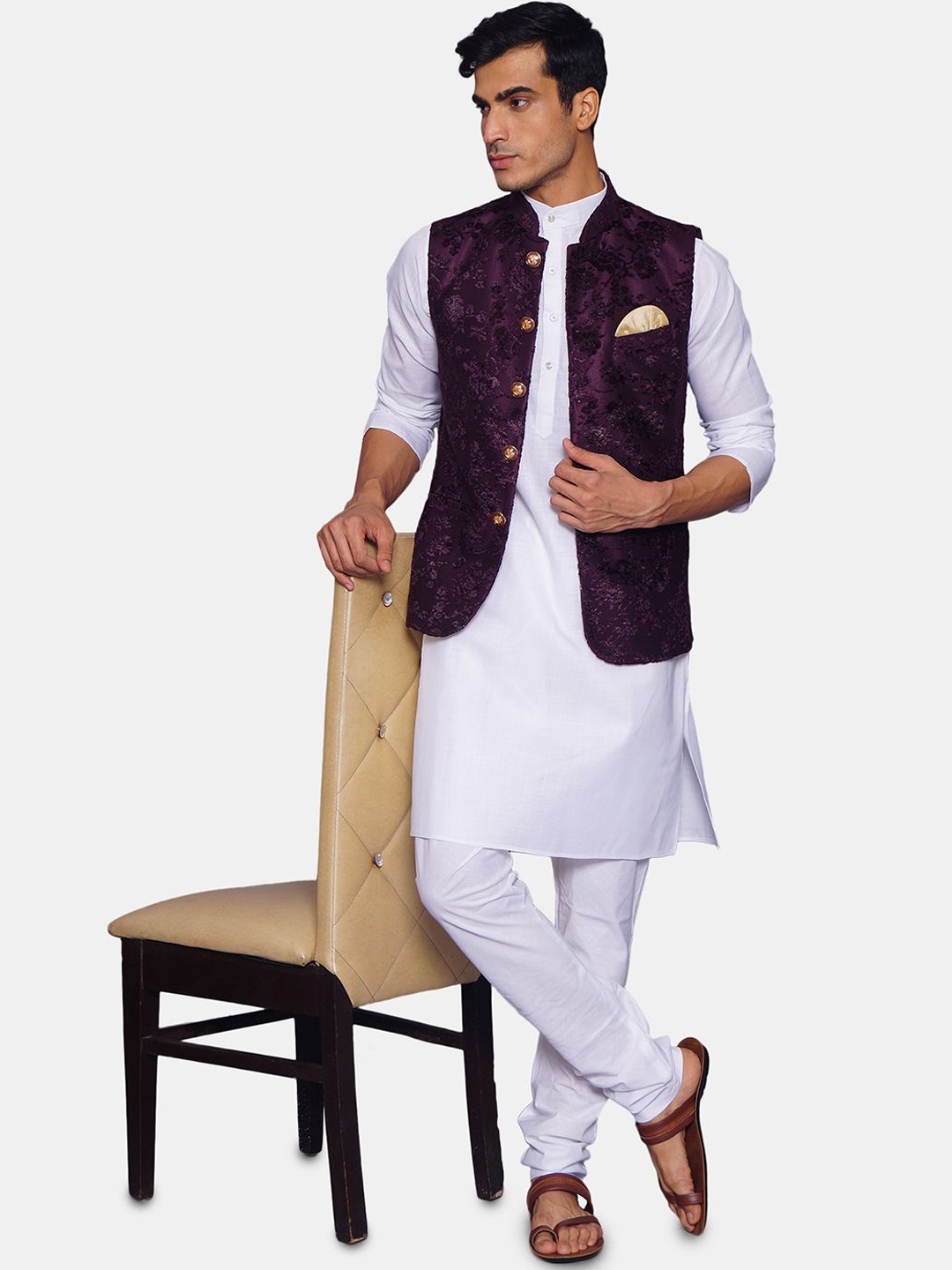 

Wintage Mandarin Collar White Romance Velvet Straight Kurta with Pyjamas & Nehru Jacket