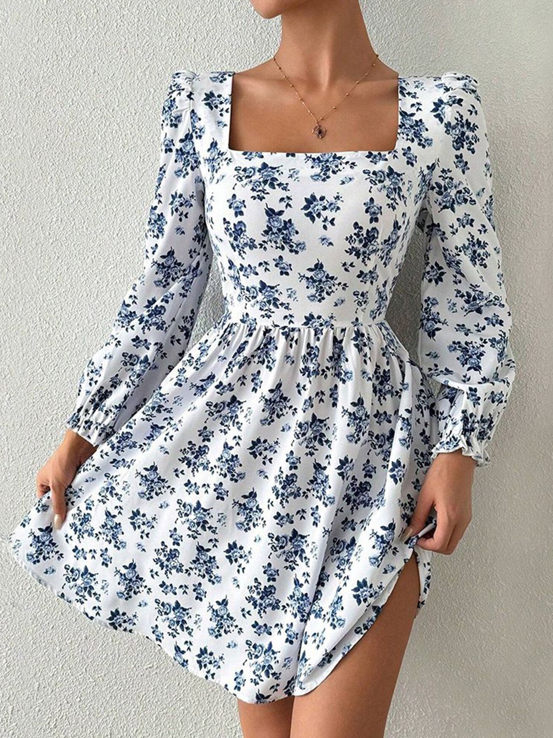 

HERE&NOW Floral Puff Sleeve Fit & Flare Dress, White