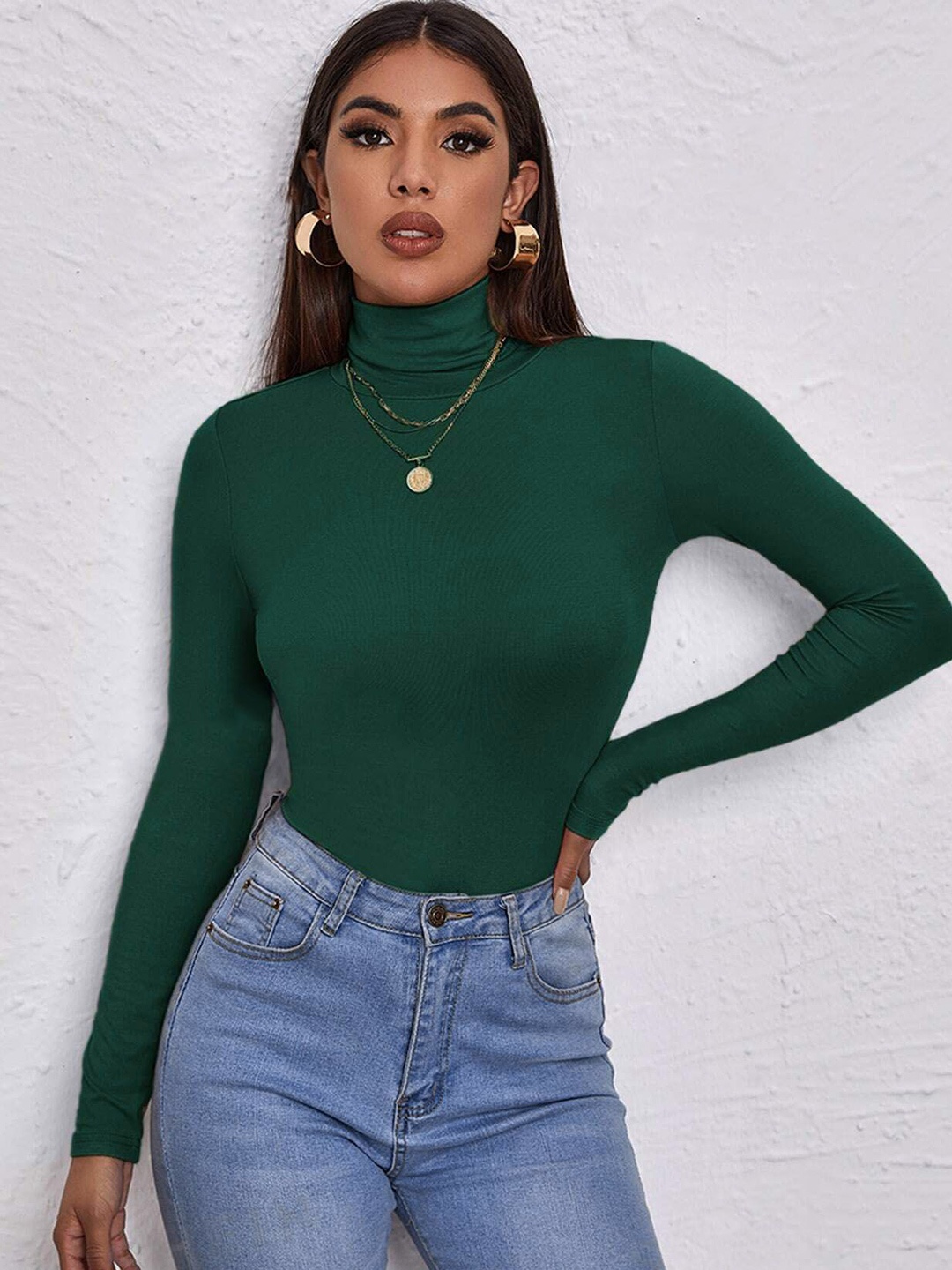 

Tivante Women Solid Turtle-Neck Ribbed Top, Green