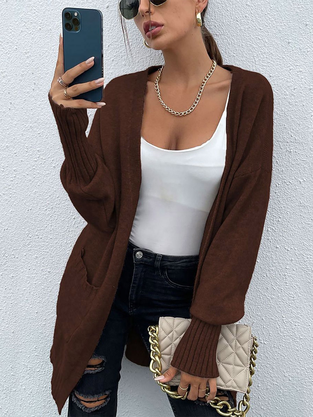 

StyleCast x Revolte Long Sleeves Open Front Longline Shrug, Brown
