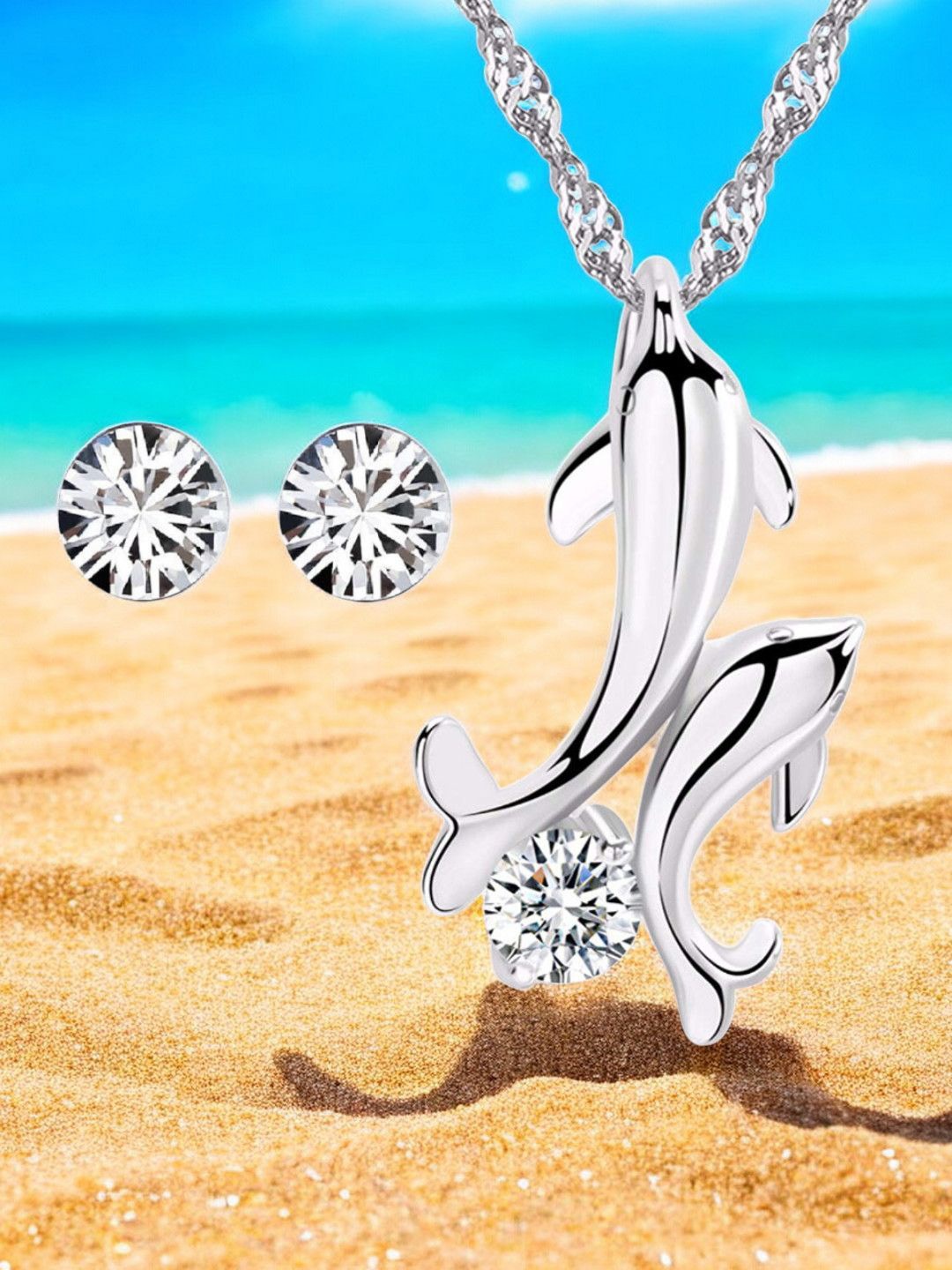 

OOMPH CZ Studded Pendant Set, Silver
