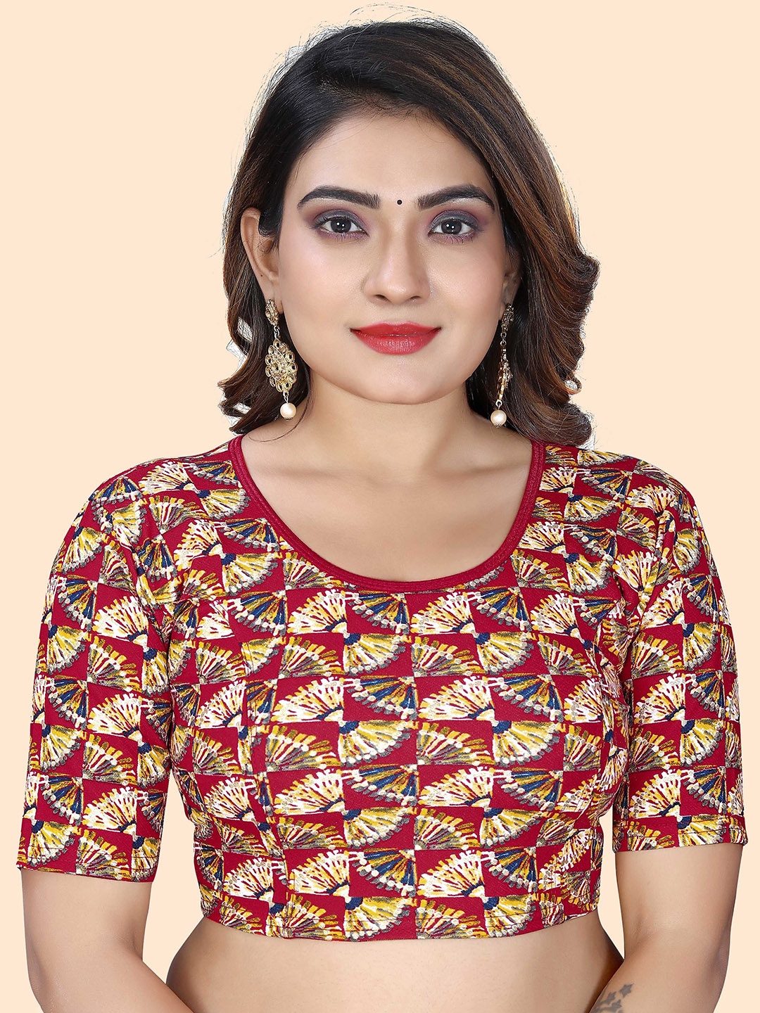 

SHREEJI DESIGNER Women Printed Round Neck Stretchable Blouse, Maroon