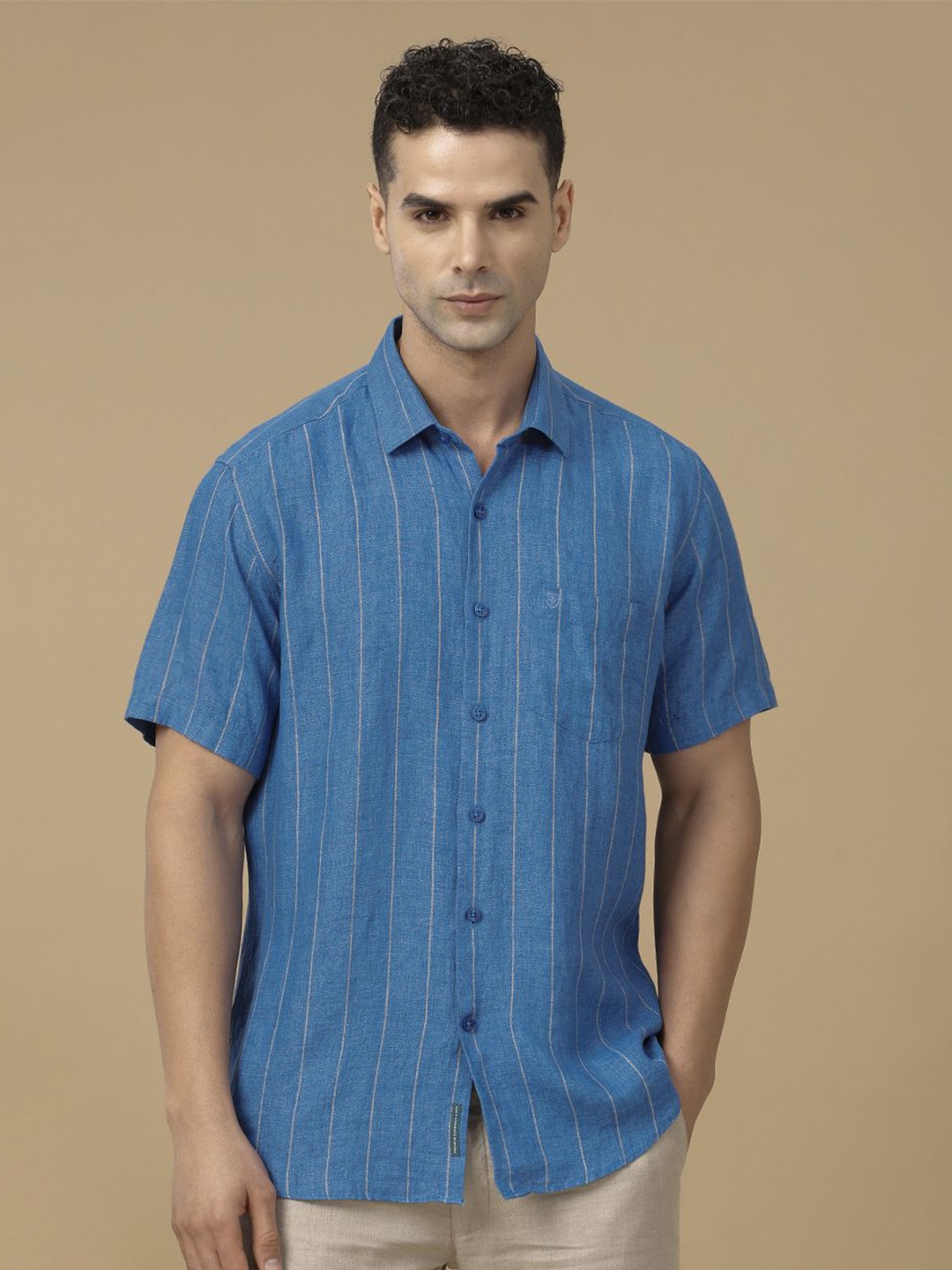 

Linen Club Contemporary Slim Fit Pinstripes Pure Linen Casual Shirt, Blue