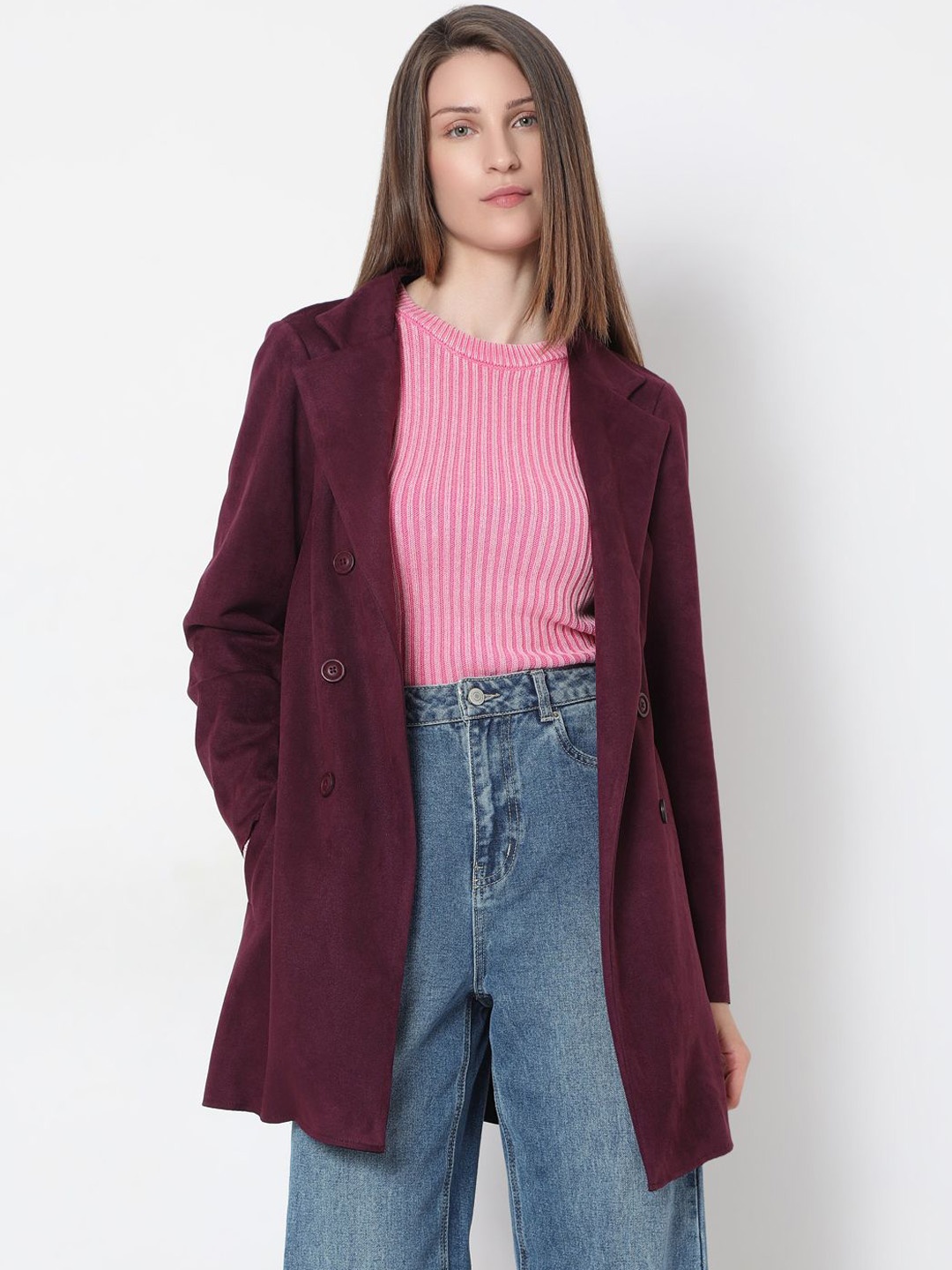 

Vero Moda Notched Lapel Front Open Overcoat, Purple