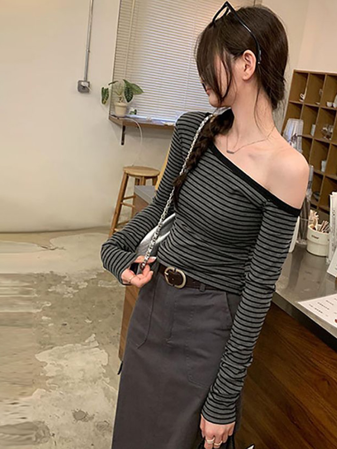 

StyleCast x Revolte Striped One Shoulder Regular Top, Grey