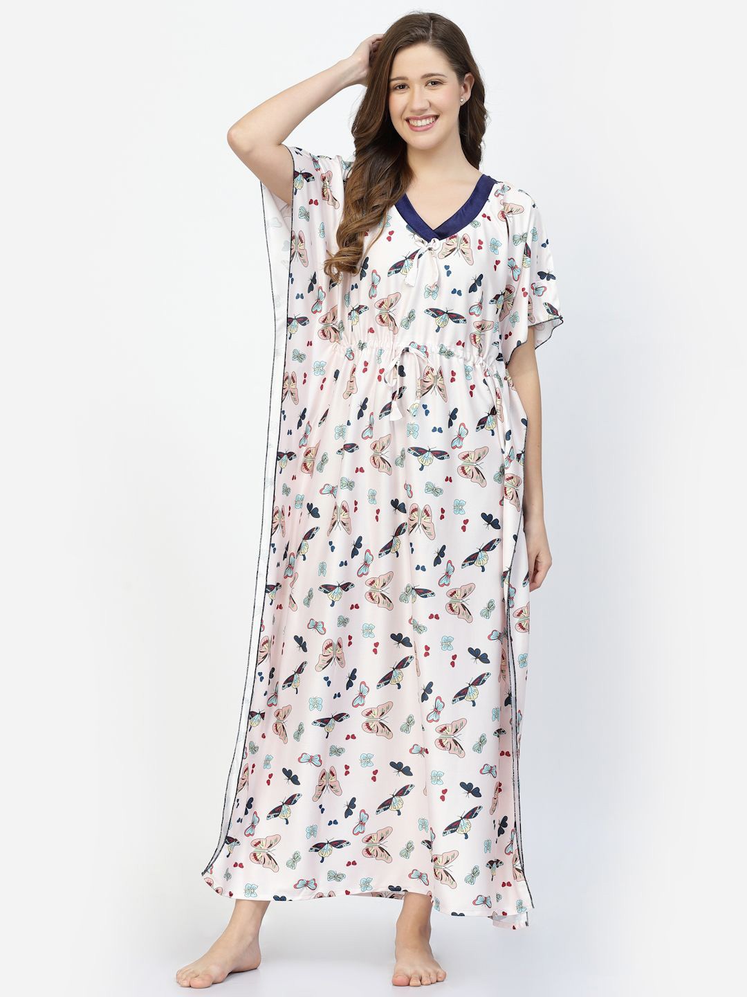 

CHUI MUI Women Printed Kaftan Satin Maxi Nightdress, Cream