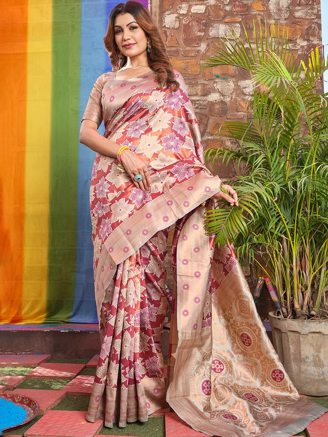 

Areca Designer Floral Woven Design Pure Silk Banarasi Saree, Cream