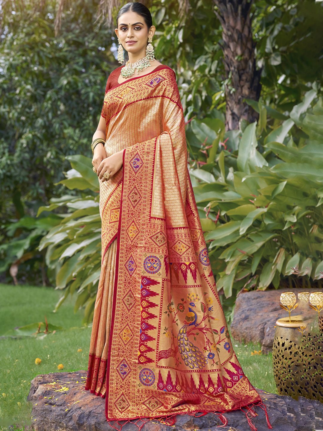 

SANGAM PRINTS Woven Design Zari Traditional Tussar Saree, Gold