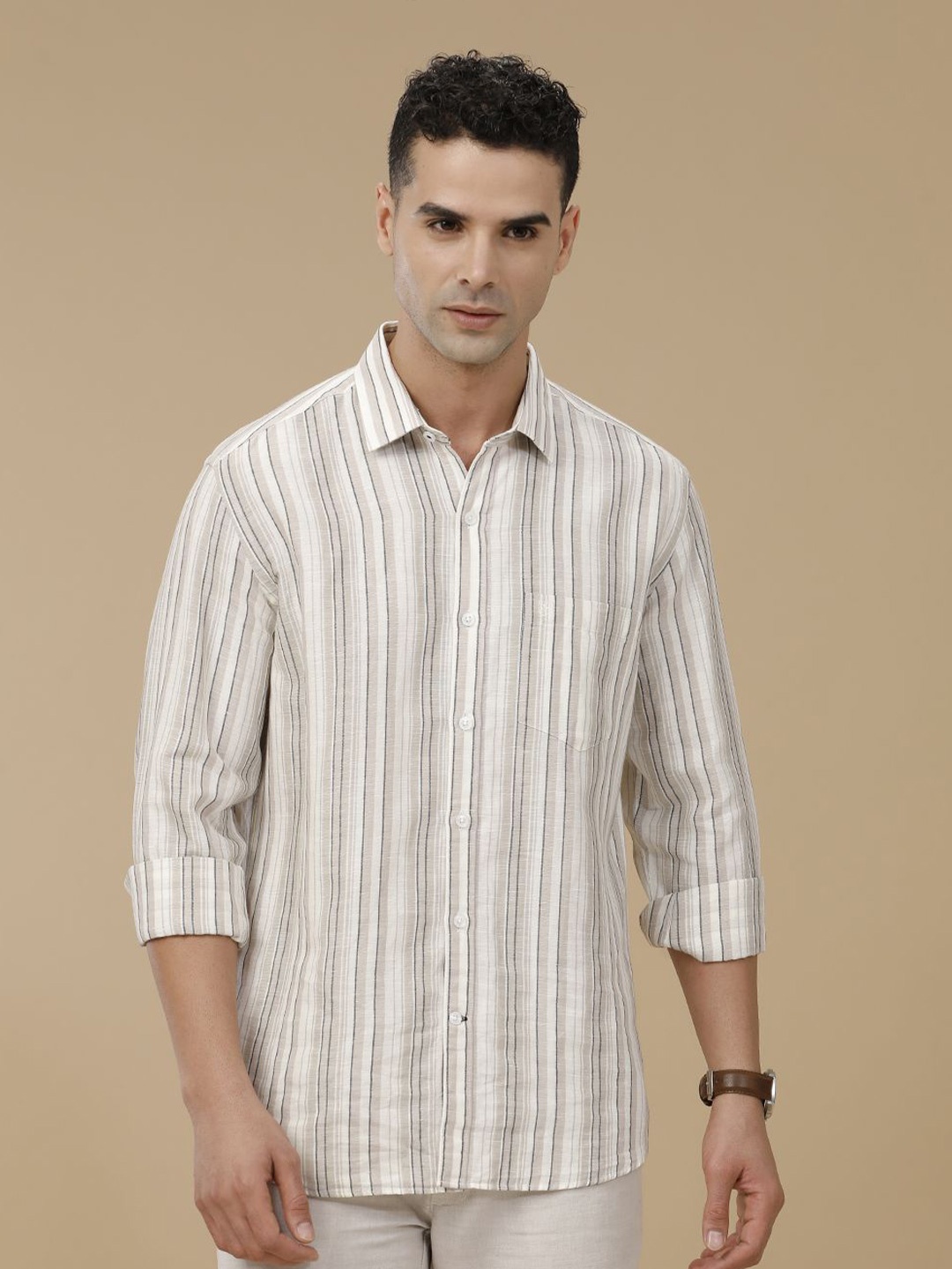 

Linen Club Contemporary Slim Fit Vertical Striped Linen Cotton Casual Shirt, Brown