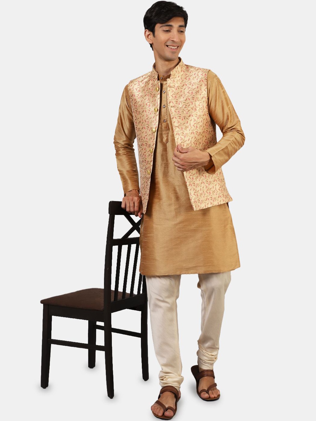 

Wintage Mandarin Collar Cotton Silk Straight Kurta with Pyjamas & Nehru Jacket, Gold
