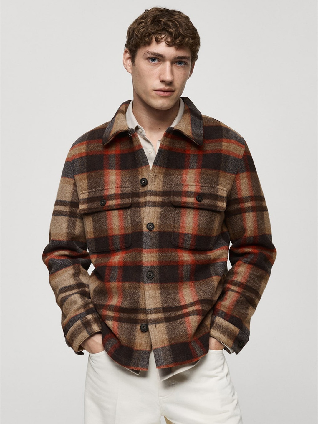 

MANGO MAN Drop-Shoulder Sleeves Checked Flannel Shacket, Brown