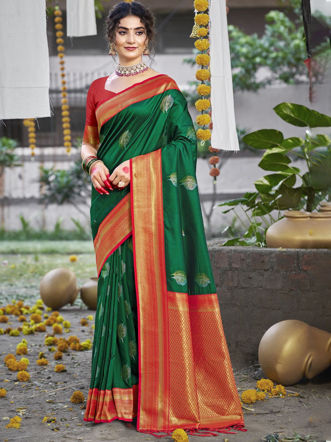 

SANGAM PRINTS Ethnic Motifs Zari Tussar Saree, Green