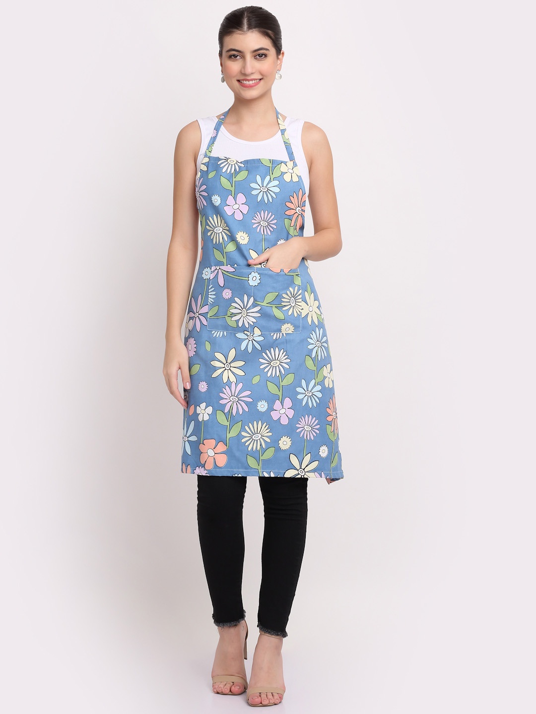 

Arrabi Blue & Green Floral Printed Aprons With Pockets