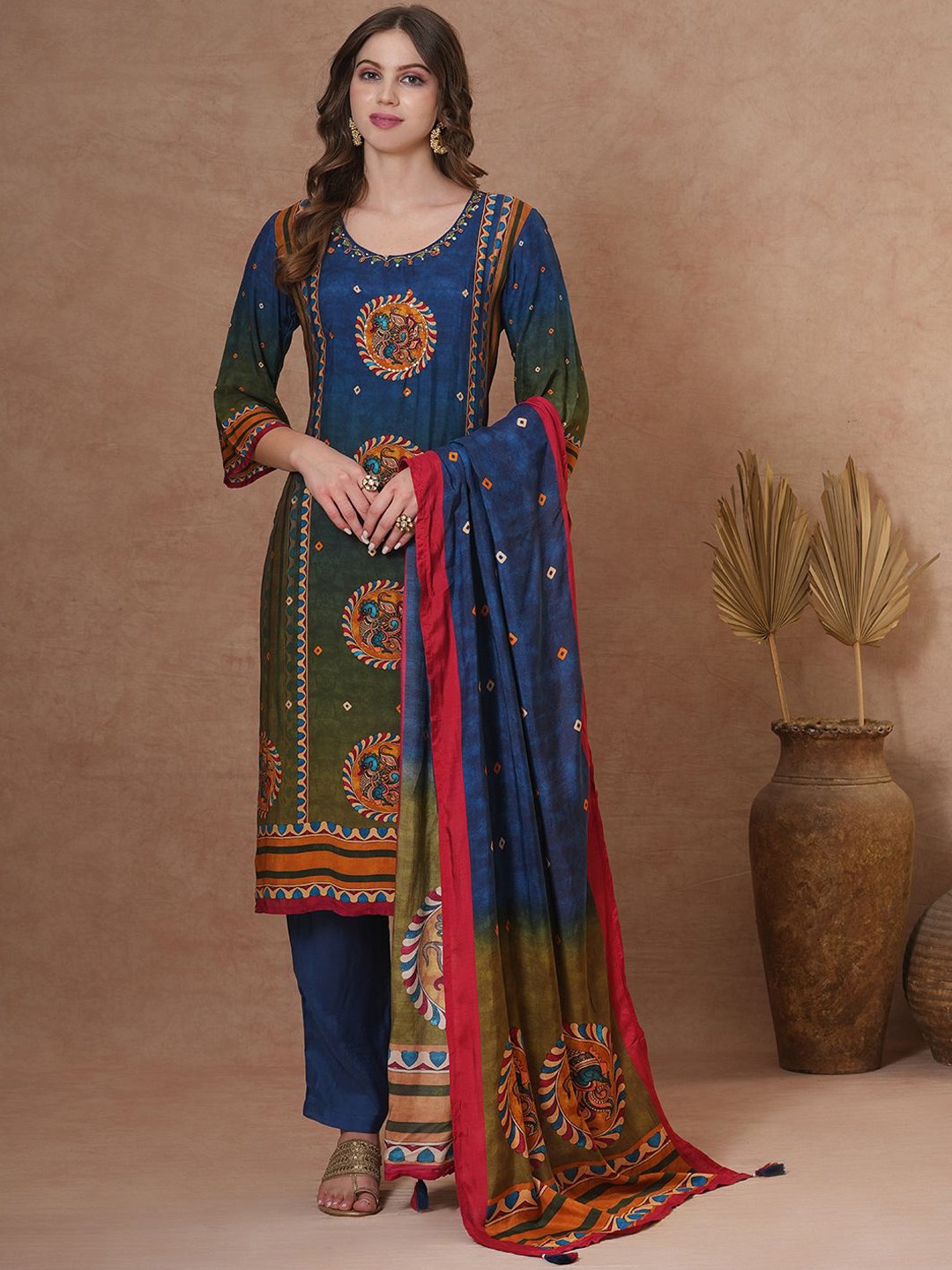 

FASHOR Ethnic Motifs Printed Beads and Stones Kurta with Trousers & Dupatta, Blue