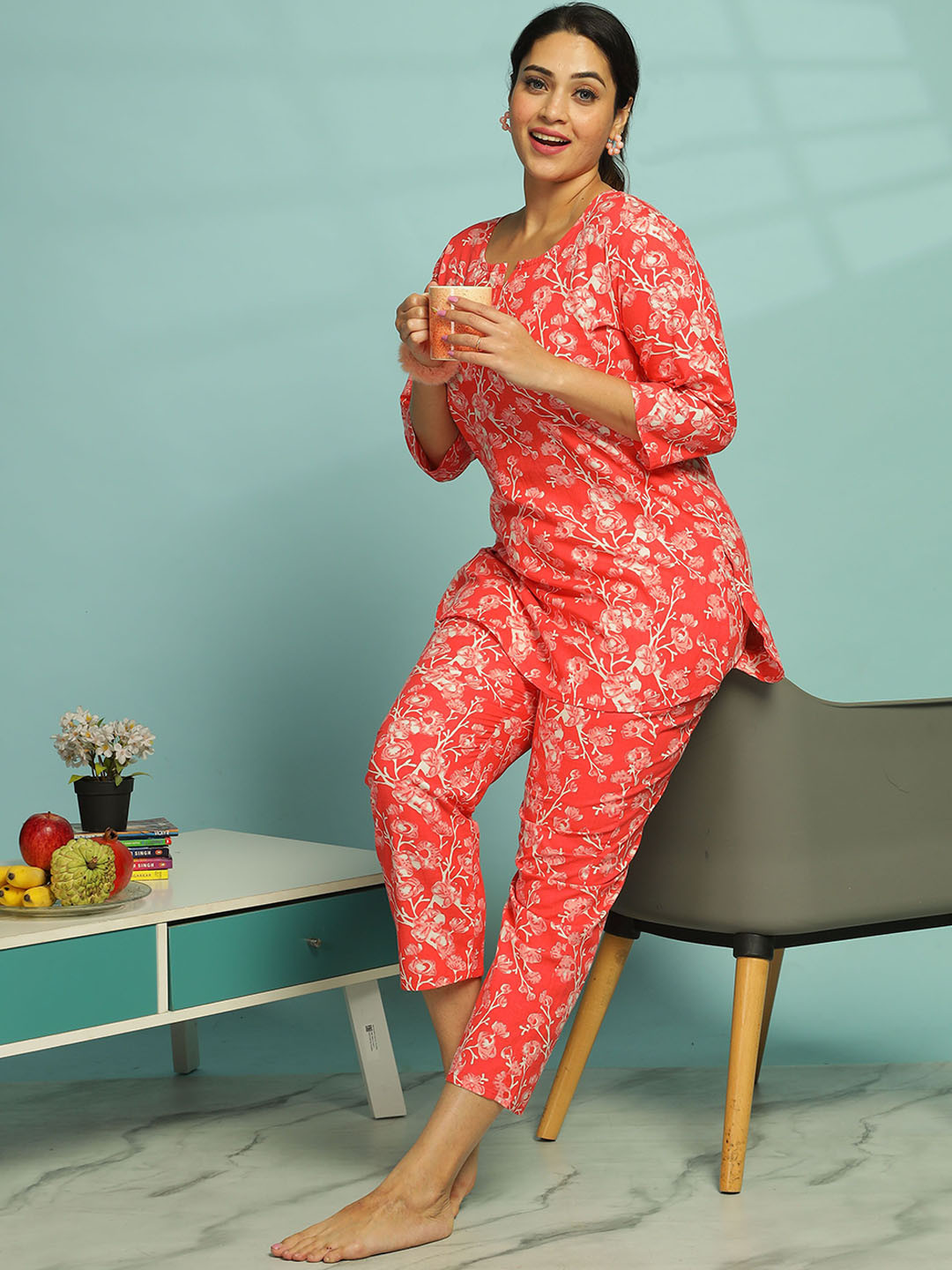 

9shines Label Printed Round Neck Three-Quarter Sleeves Pure Cotton Kurti & Pyjama, Coral