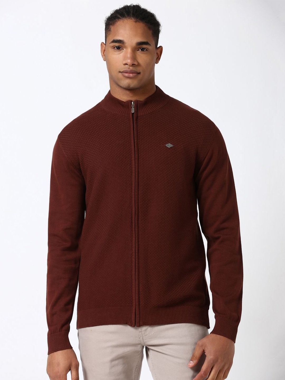 

Peter England Casuals Men Self Design Front-Open Cotton Sweaters, Maroon