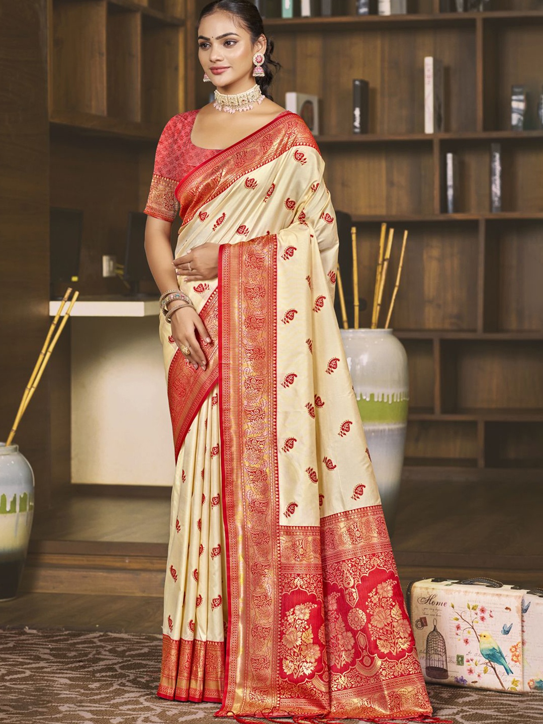 

SANGAM PRINTS Ethnic Motifs Zari Tussar Saree, Cream
