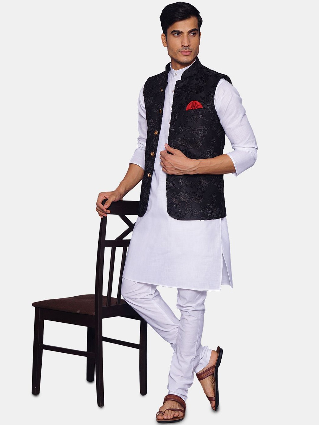 

Wintage Mandarin Collar White Romance Velvet Straight Kurta with Pyjamas & Nehru Jacket