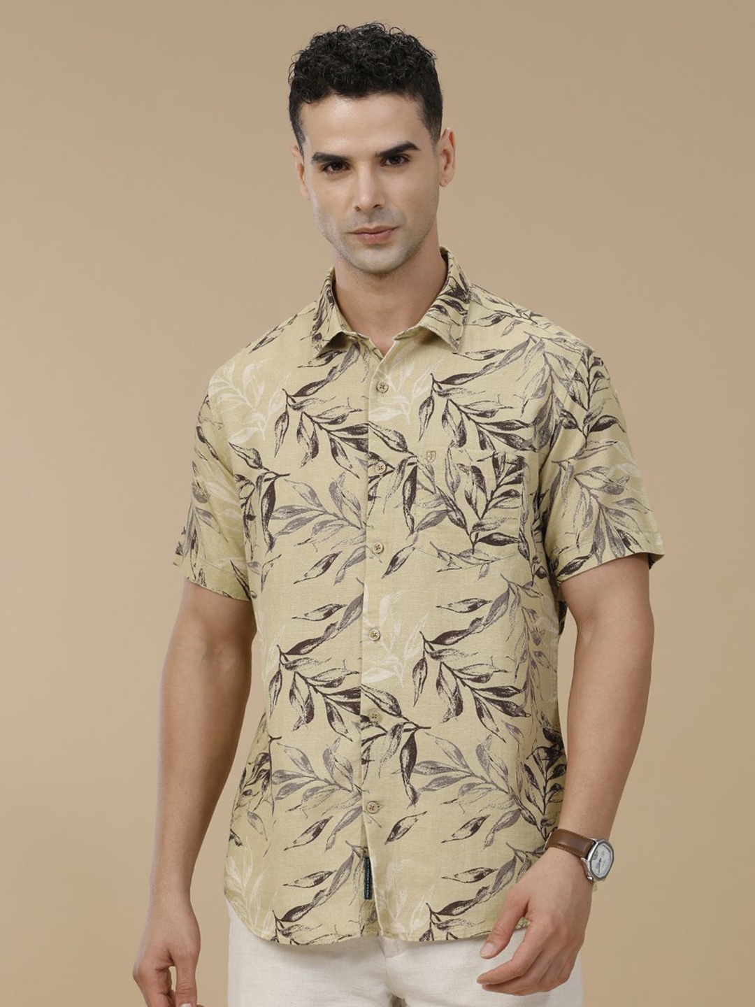 

Linen Club Printed Linen Contemporary Slim Fit Casual Shirt, Green