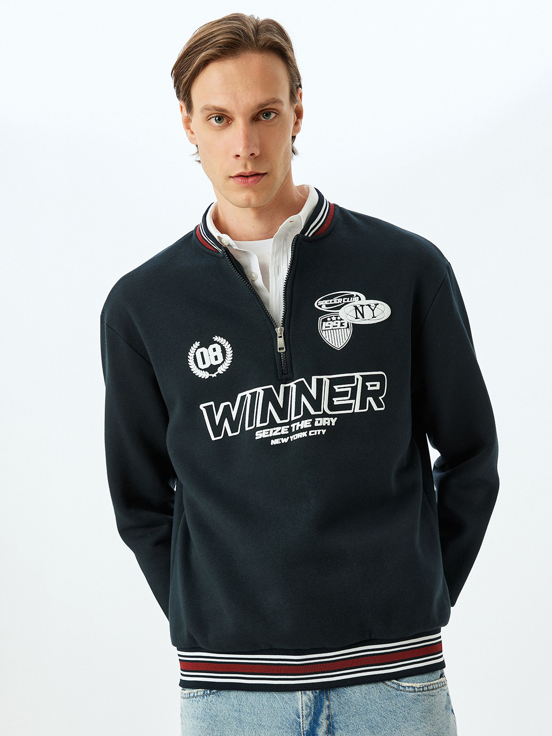 

Koton Men Printed Mandarin Collar Pullover Sweatshirt, Navy blue