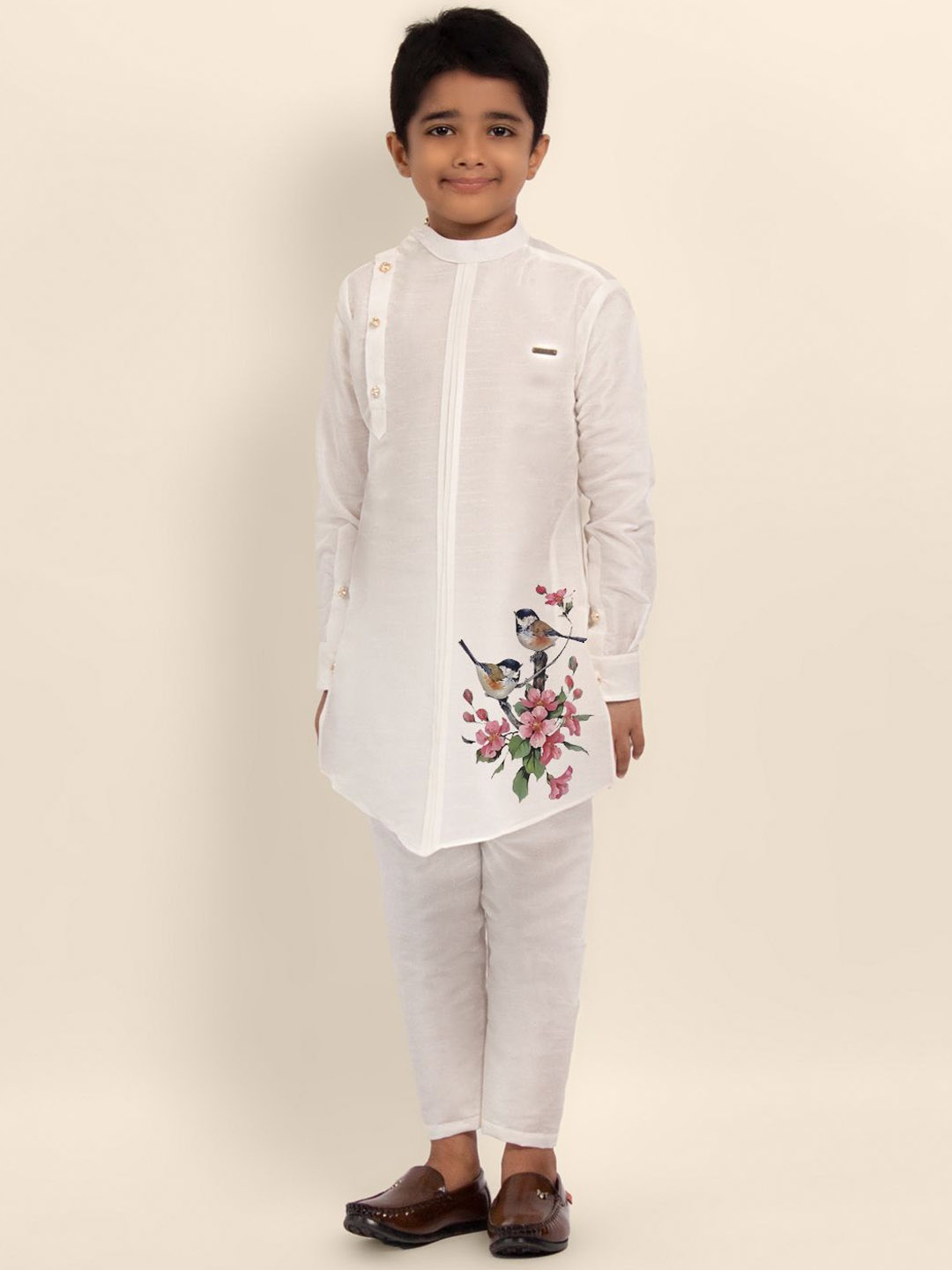 

DEVOILER Boys Floral Printed Empire Straight Kurta with Pyjamas, White