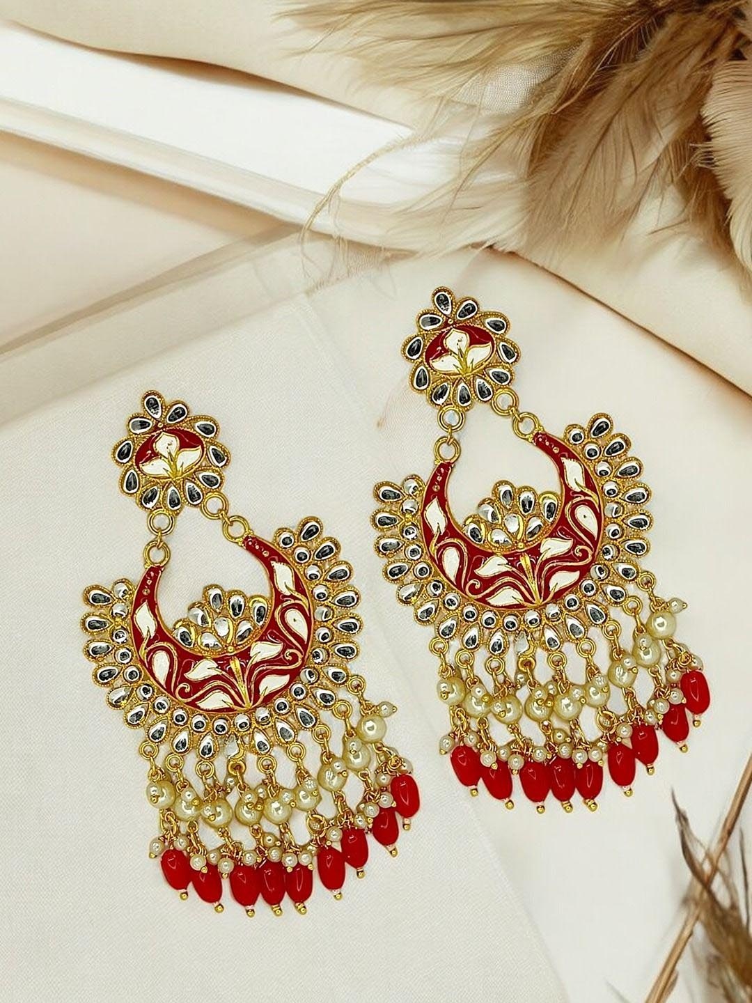 

FEMMIBELLA Gold Plated Kundan Meenakari Beaded Crescent Shaped Chandbalis