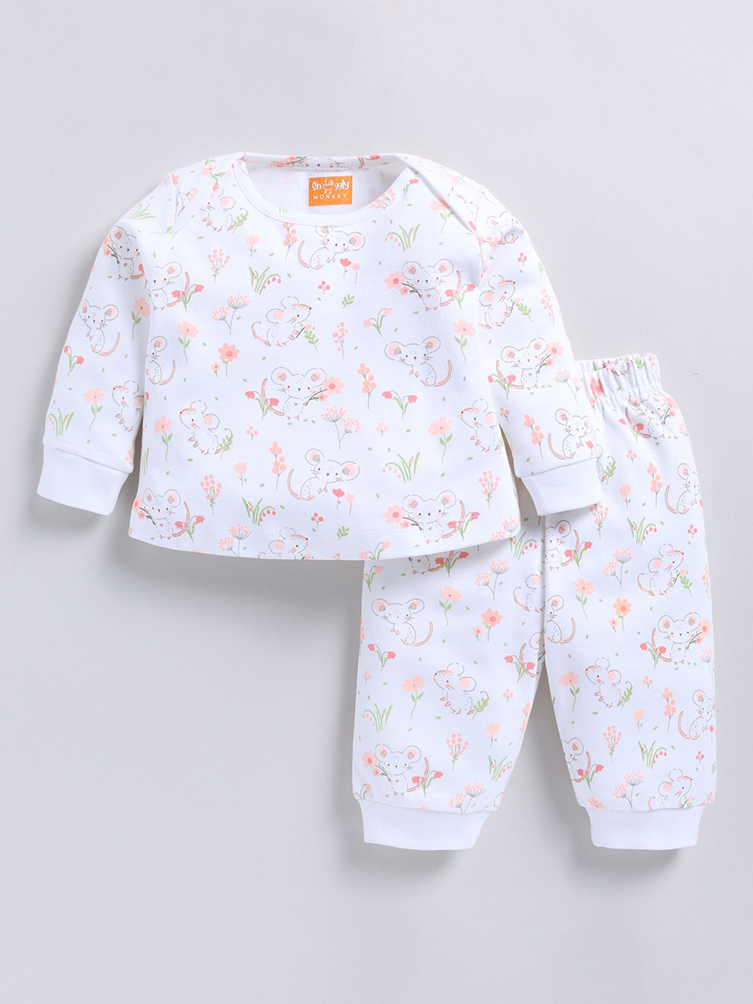 

SNUGGLY MONKEY Kids Printed Pure Cotton T-shirt with Trousers, White