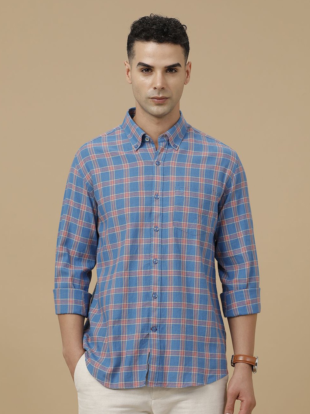 

Linen Club Contemporary Slim Fit Checked Linen Cotton Casual Shirt, Blue