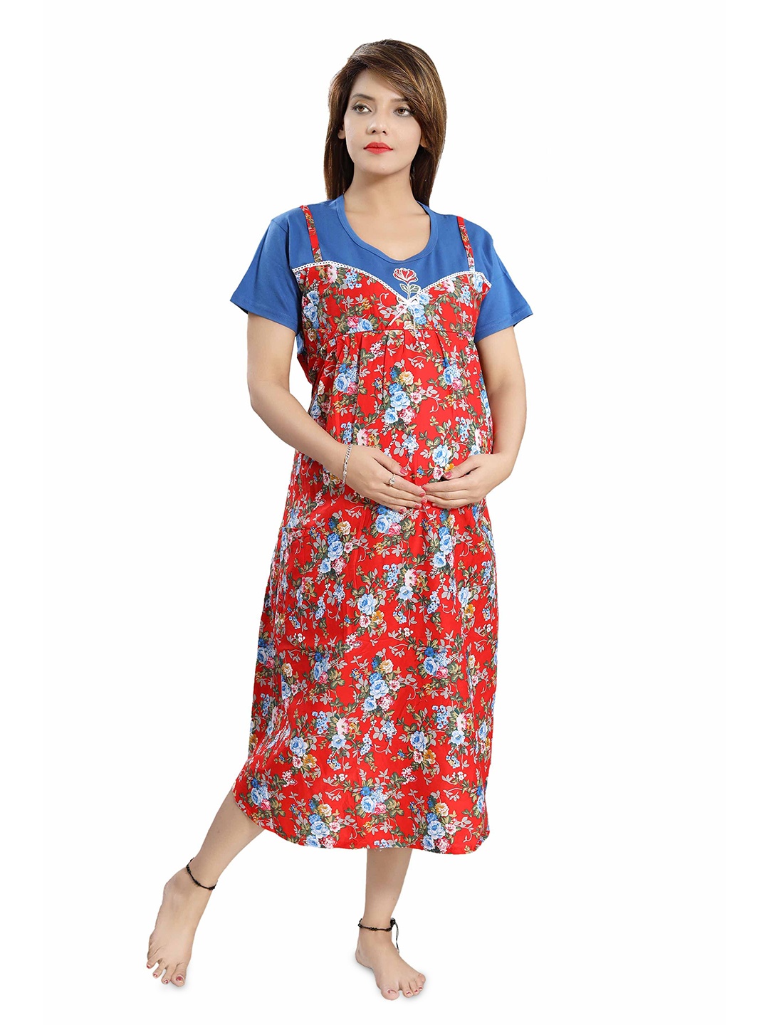

Soulemo Women Printed Maternity Pure Cotton Nightdress, Red