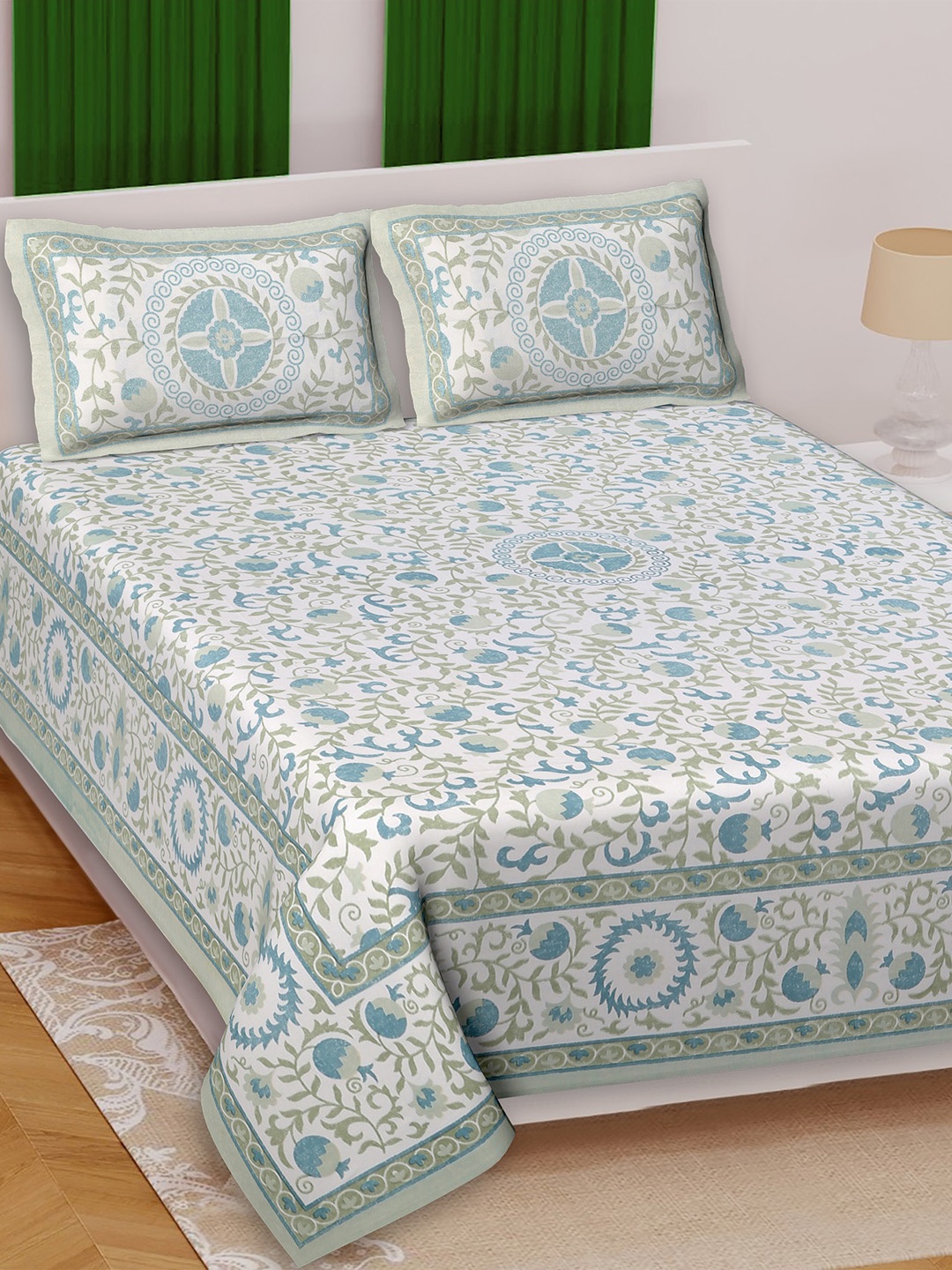 

Texstylers Jaipuri Green Ethnic Printed Cotton 210 TC Queen Bedsheet Set 2.74 m x 2.28 m