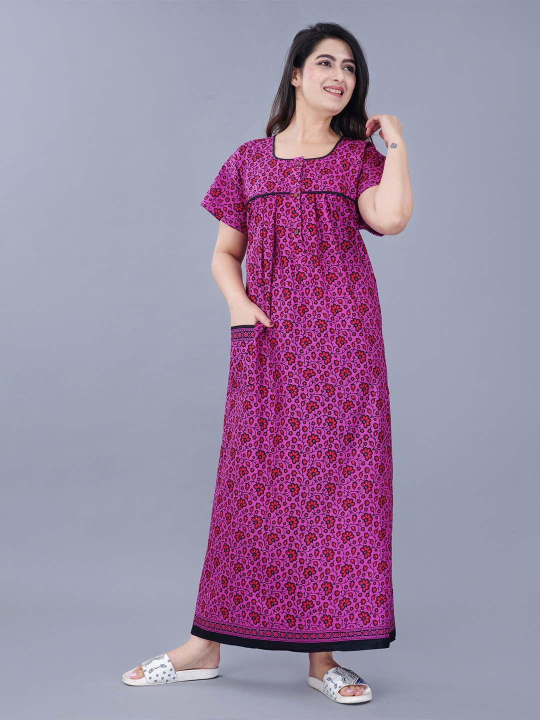 

MAYA PRINT Women Printed Pure Cotton Maxi Nightdress, Pink
