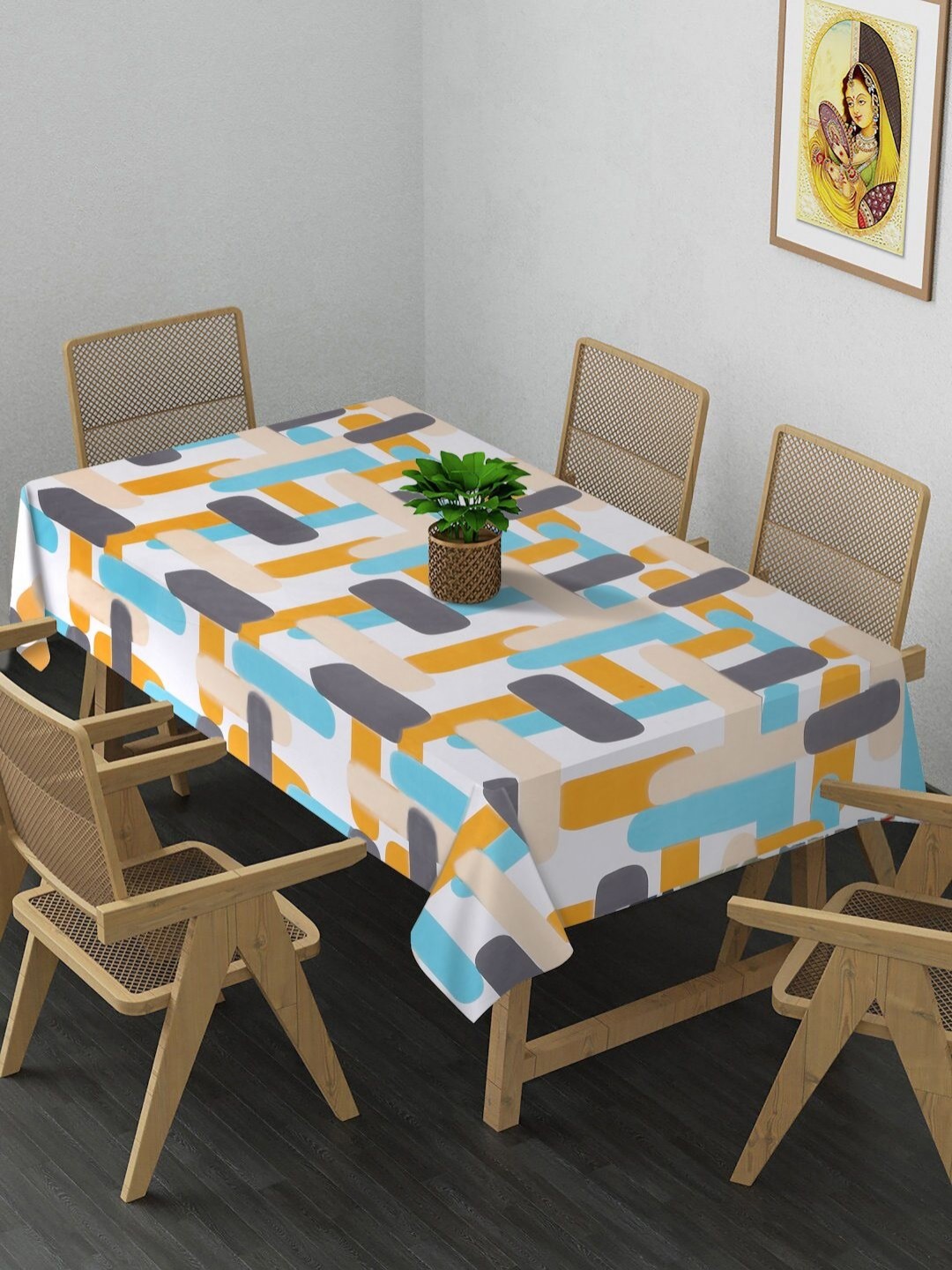 

Arrabi White & Blue Geometric Printed 8-Seater Table Cover