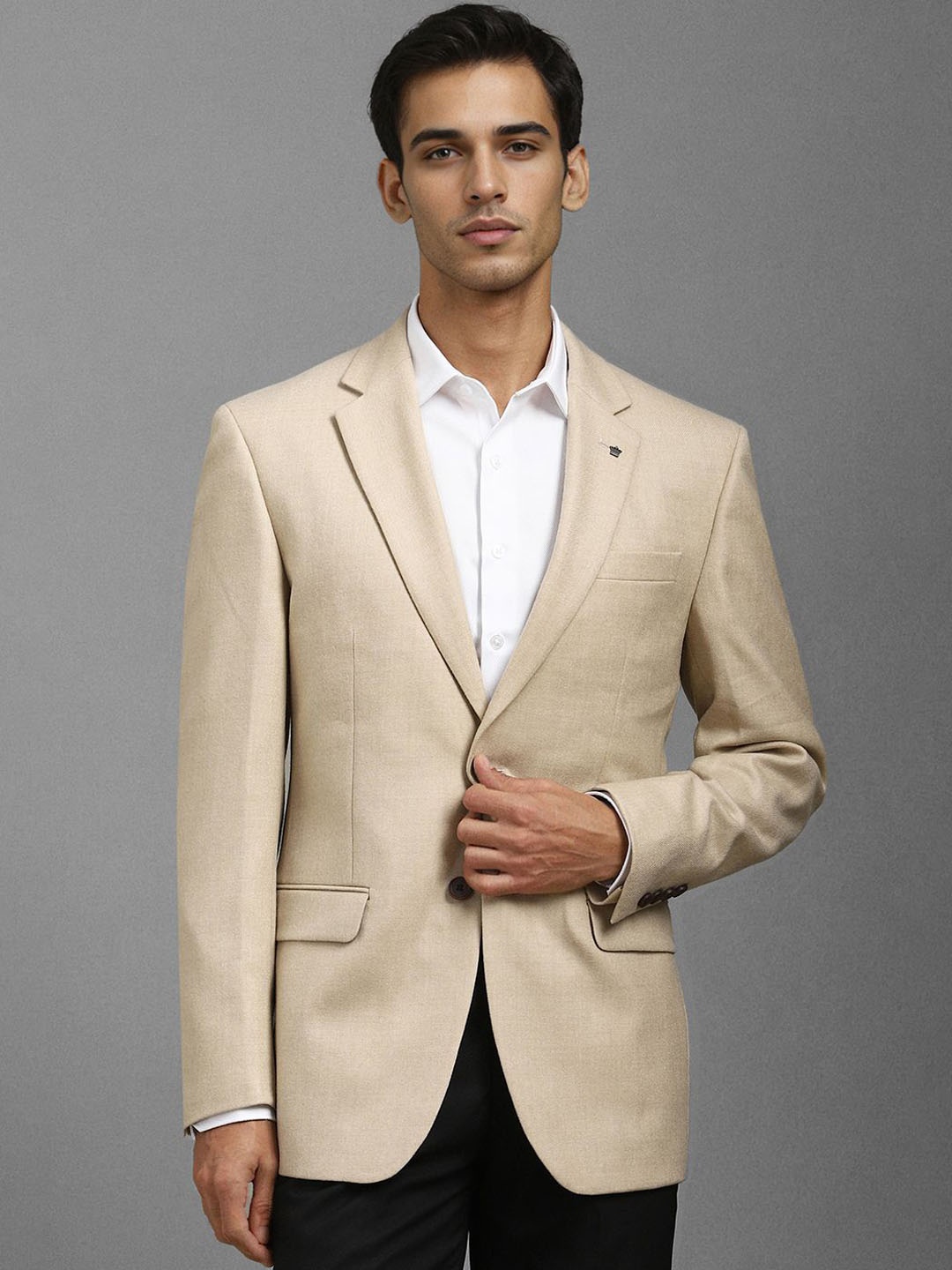 

Louis Philippe Notched Lapel Single Breasted Woollen Formal Blazer, Beige