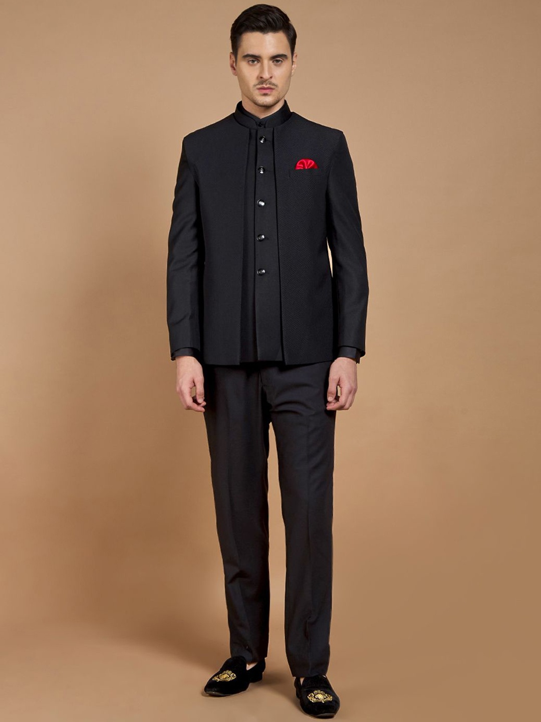 

Neumen Self-Design 3-Piece Bandhgala Sherwani Set, Black