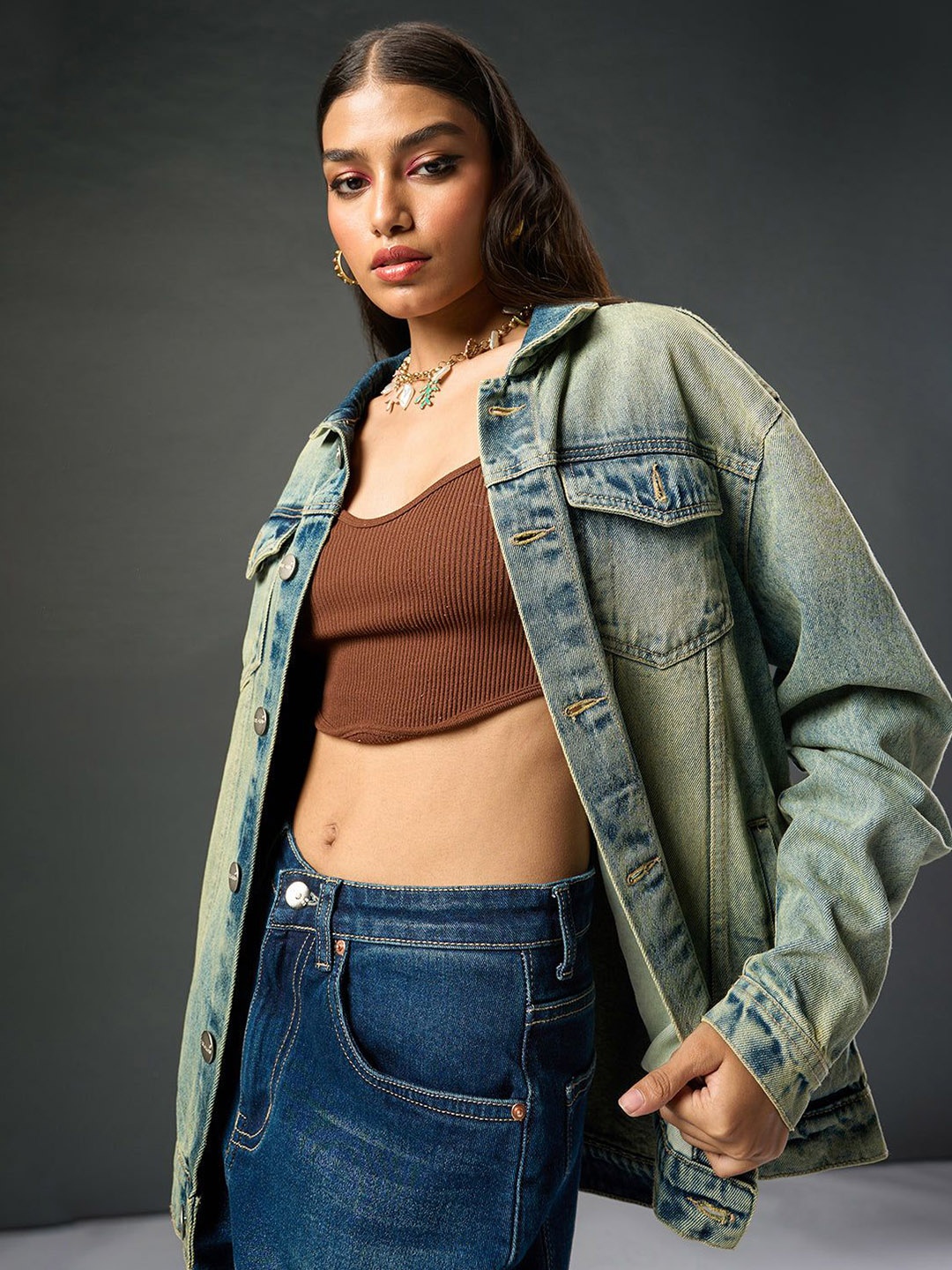

FREAKINS Women Washed Denim Jacket with Embroidered, Blue