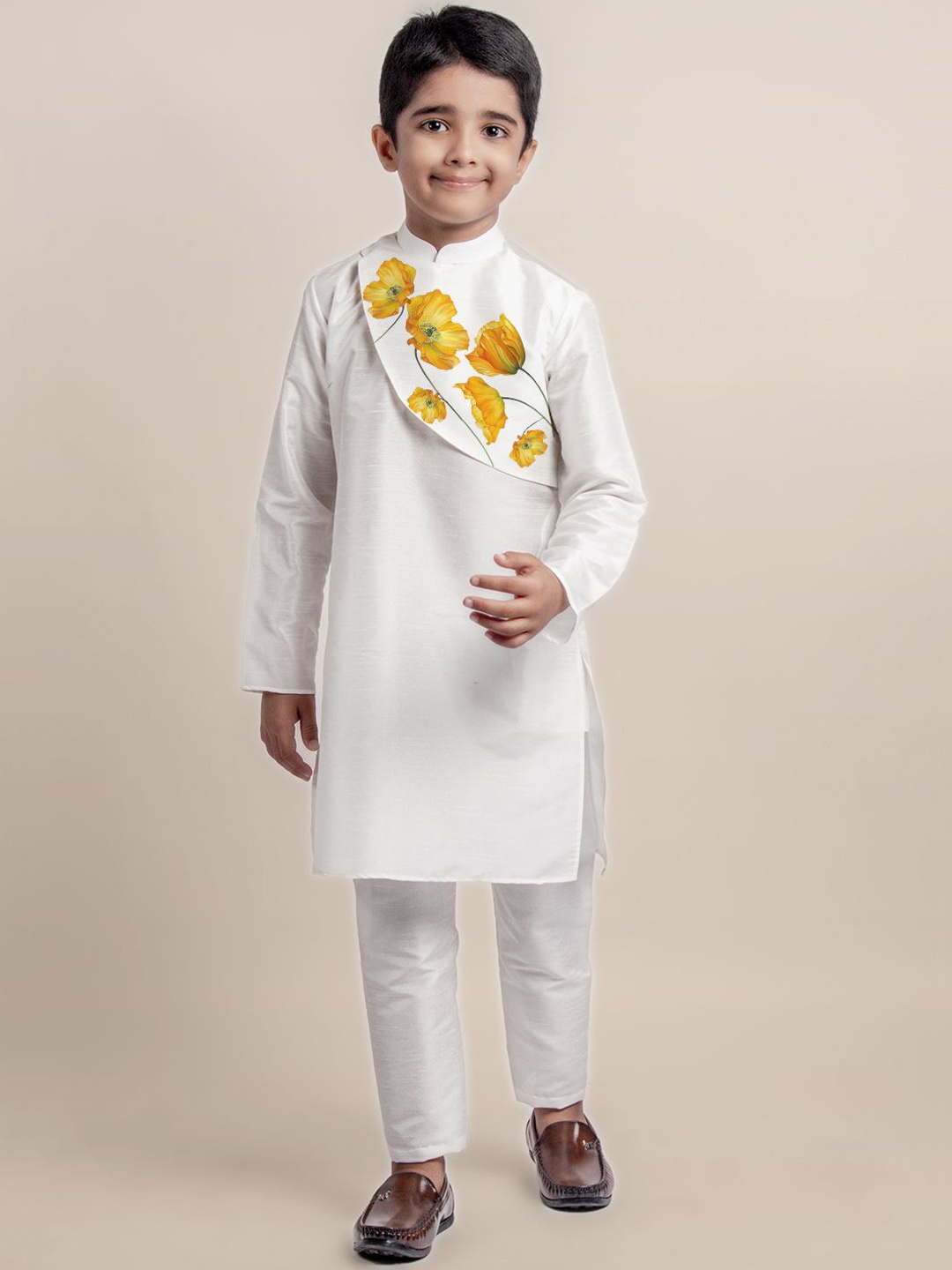 

DEVOILER Boys Floral Printed Straight Kurta, White