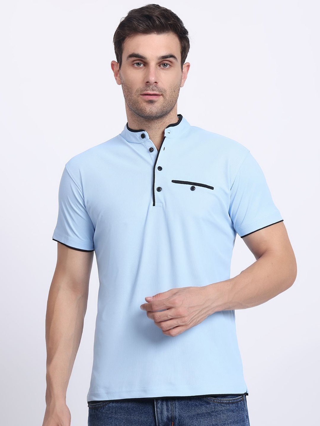 

N AND J Men Solid Mandarin Collar Polo T-shirt, Blue