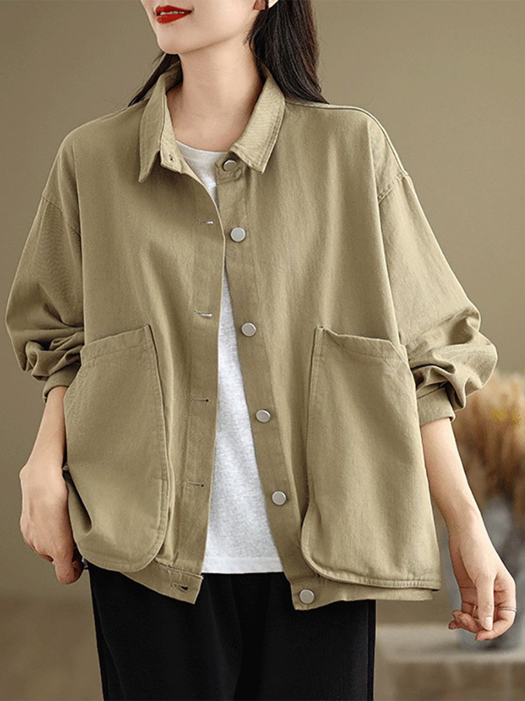 

StyleCast x Revolte Women Cotton Shirt Collar Long Sleeves Top, Khaki