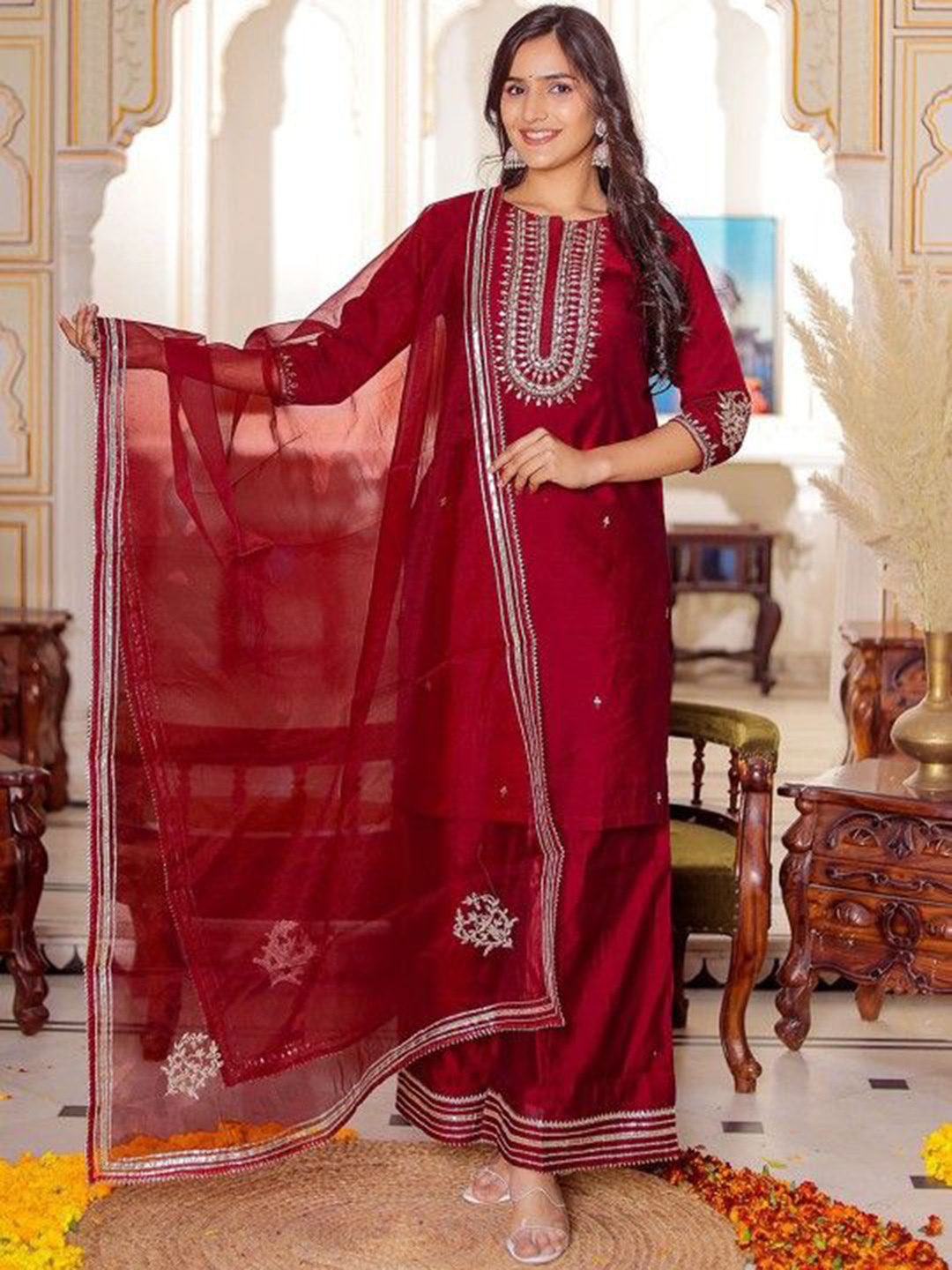 

Chandbaali Ethnic Motifs Embroidered Gotta Patti Chanderi Silk Kurta & Palazzos & Dupatta, Maroon