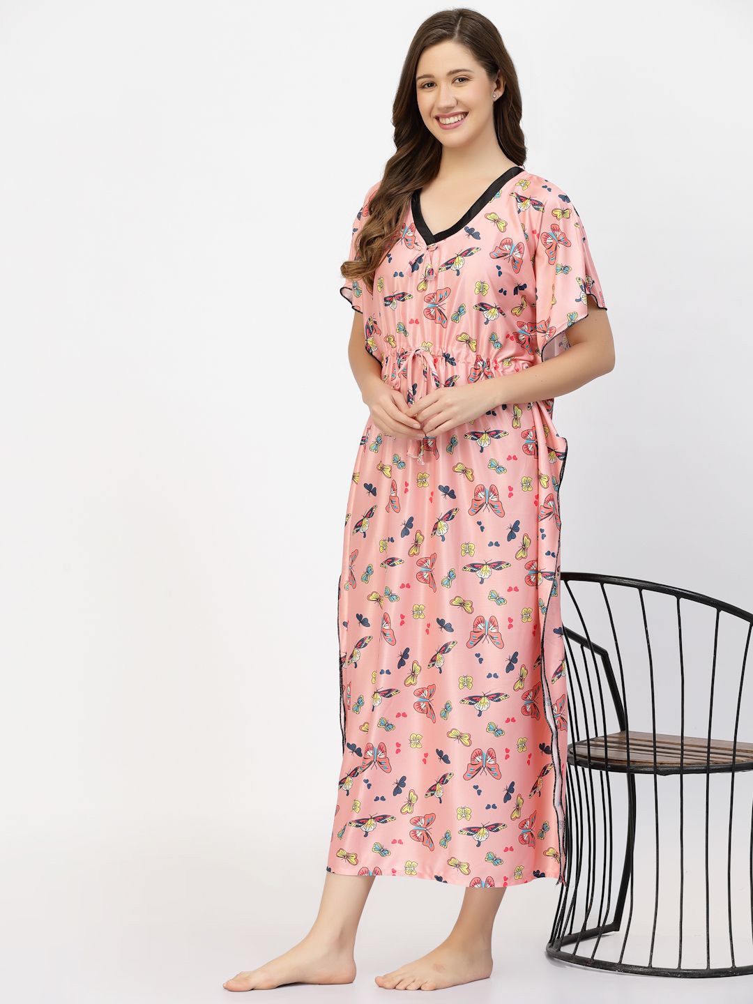 

CHUI MUI Women Printed satin Maxi Kaftan Nightdress, Peach