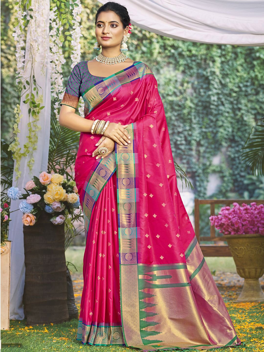 

SANGAM PRINTS Ethnic Motifs Zari Tussar Saree, Pink