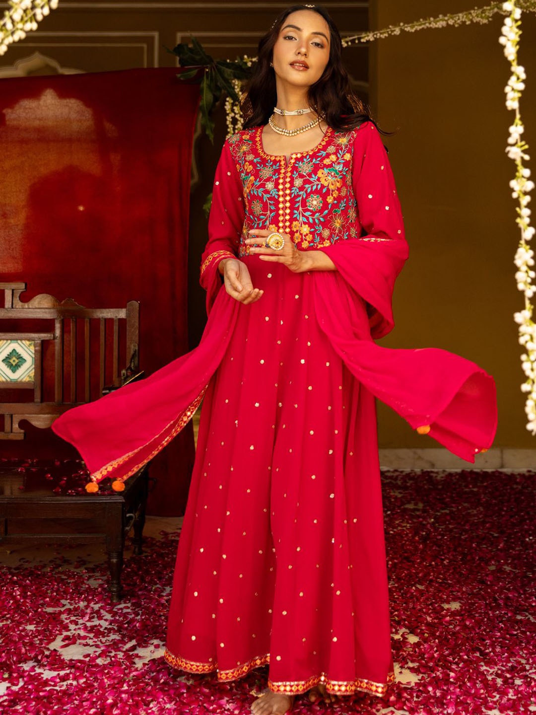 

FASHOR Floral Embroidered Mirror Work Kurta with Trouser & Dupatta, Pink