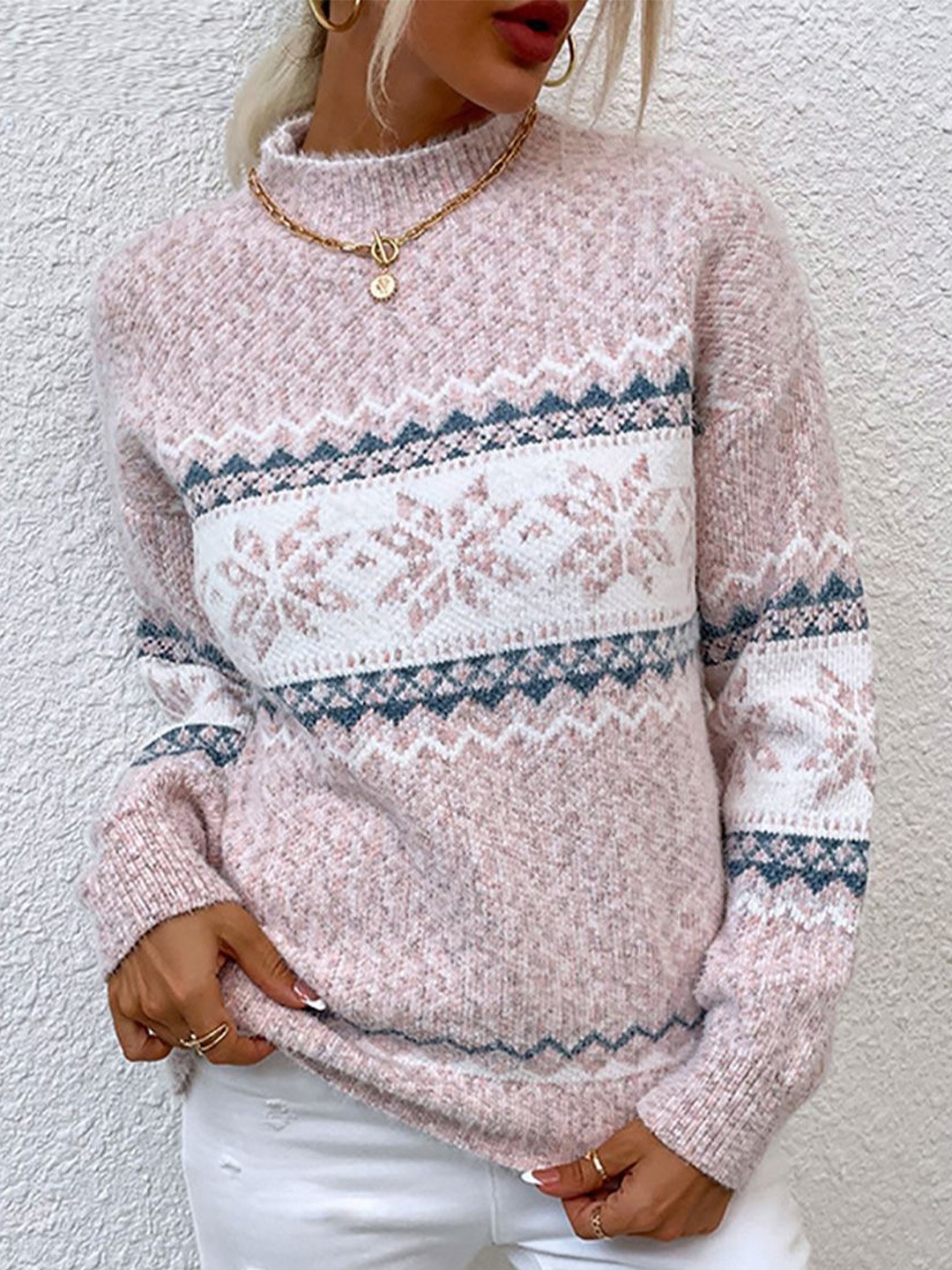 

StyleCast x Revolte Women Round Neck Fair Isle Pullover, Pink