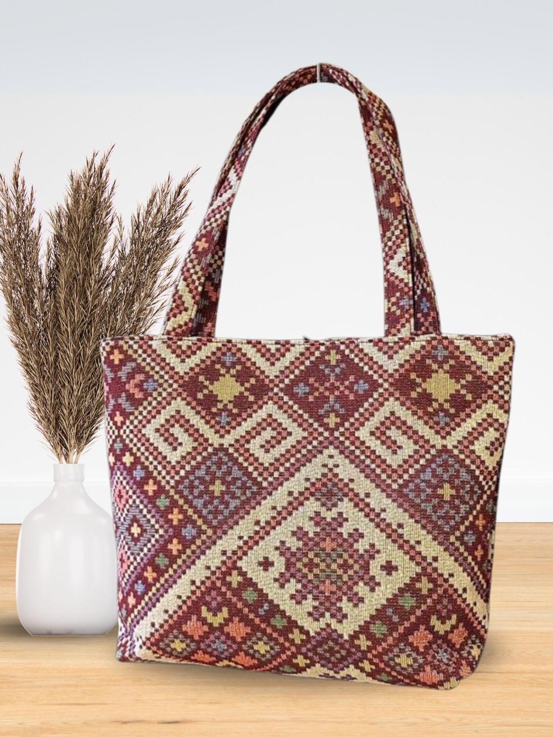

LIKE STYLE Ethnic Motifs Structured Shoulder Bag, Maroon