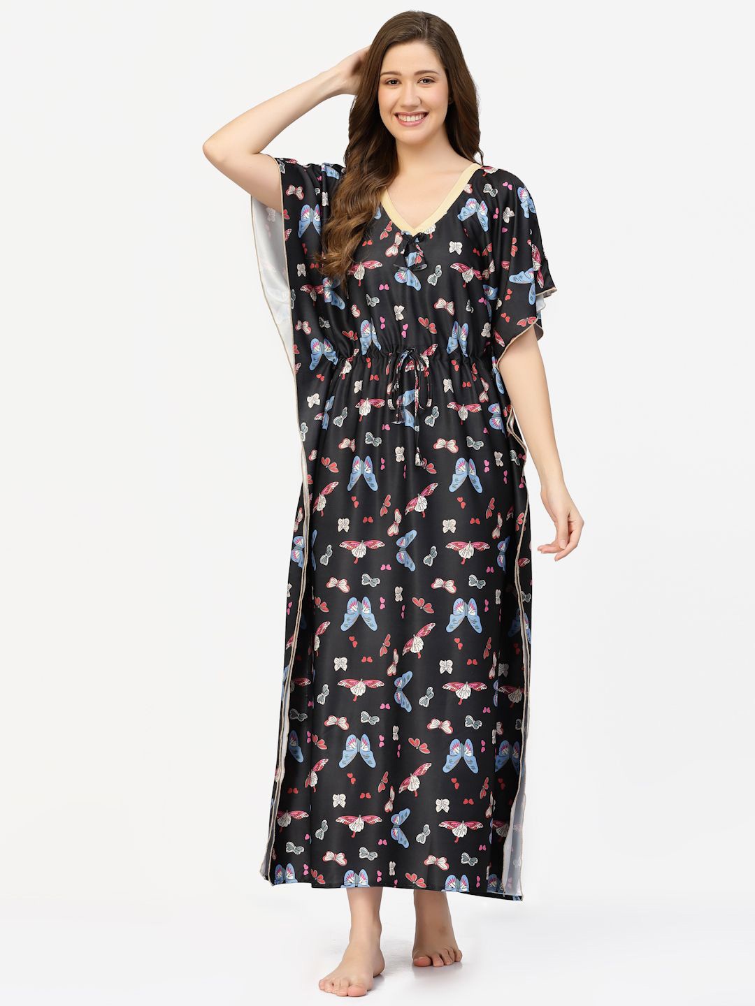 

CHUI MUI Printed V- Neck Short Sleeves Maxi Kaftan nightdress, Black