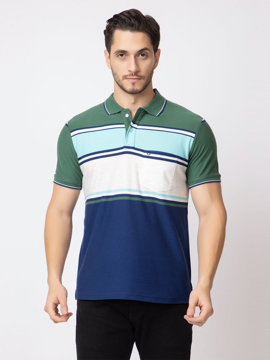 

ARIIX Men Striped Polo Collar Cotton T-shirt, Green