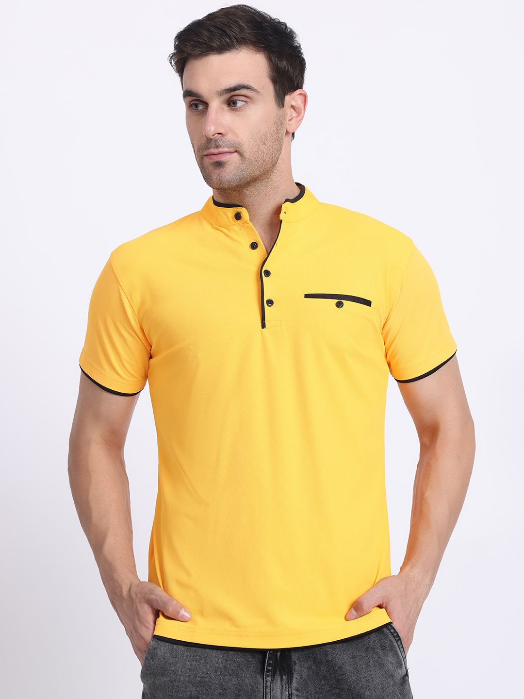 

N AND J Men Solid Mandarin Collar Polo T-shirt, Yellow