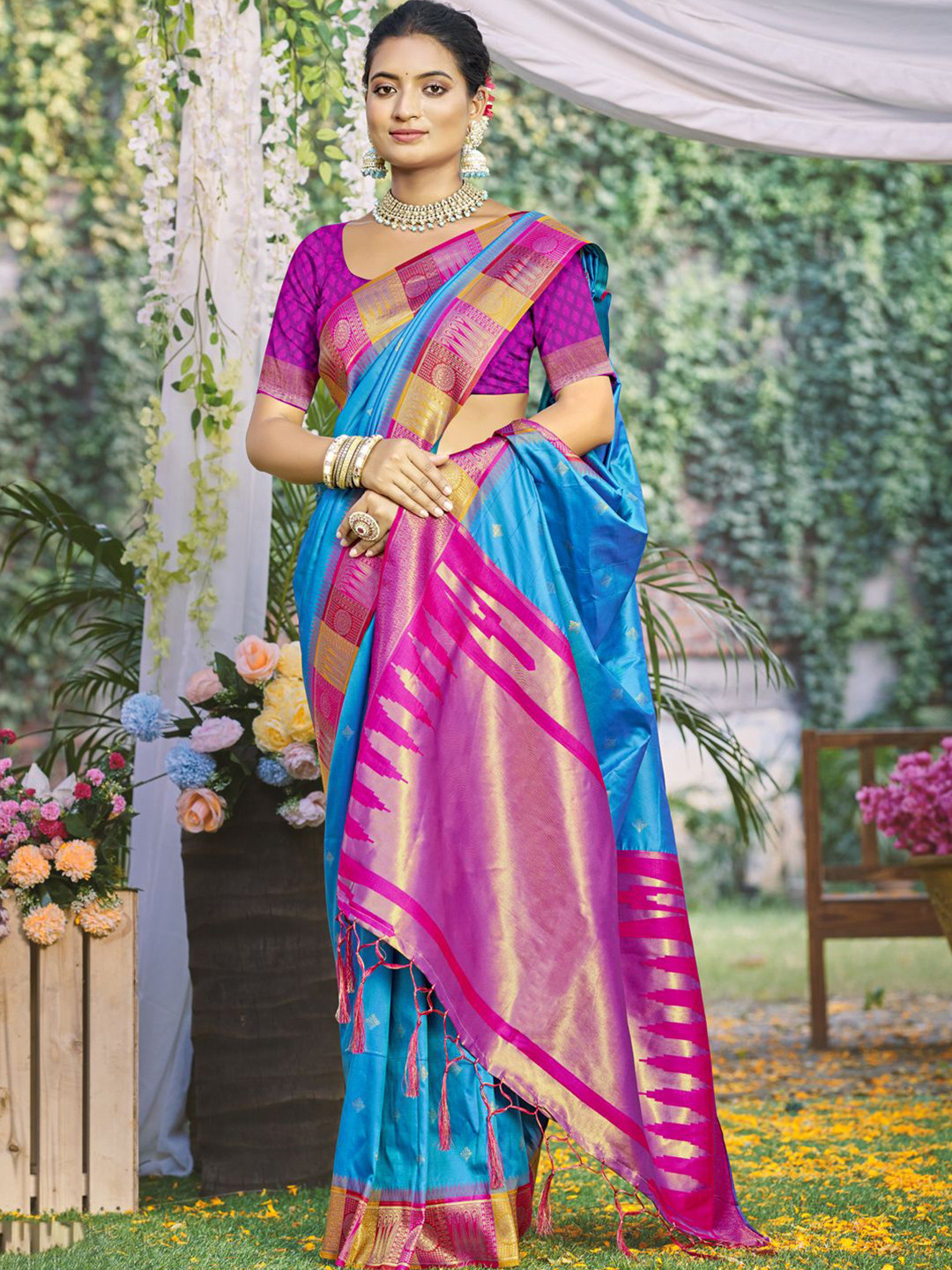 

SANGAM PRINTS Ethnic Motifs Woven Zari Tussar Saree, Blue